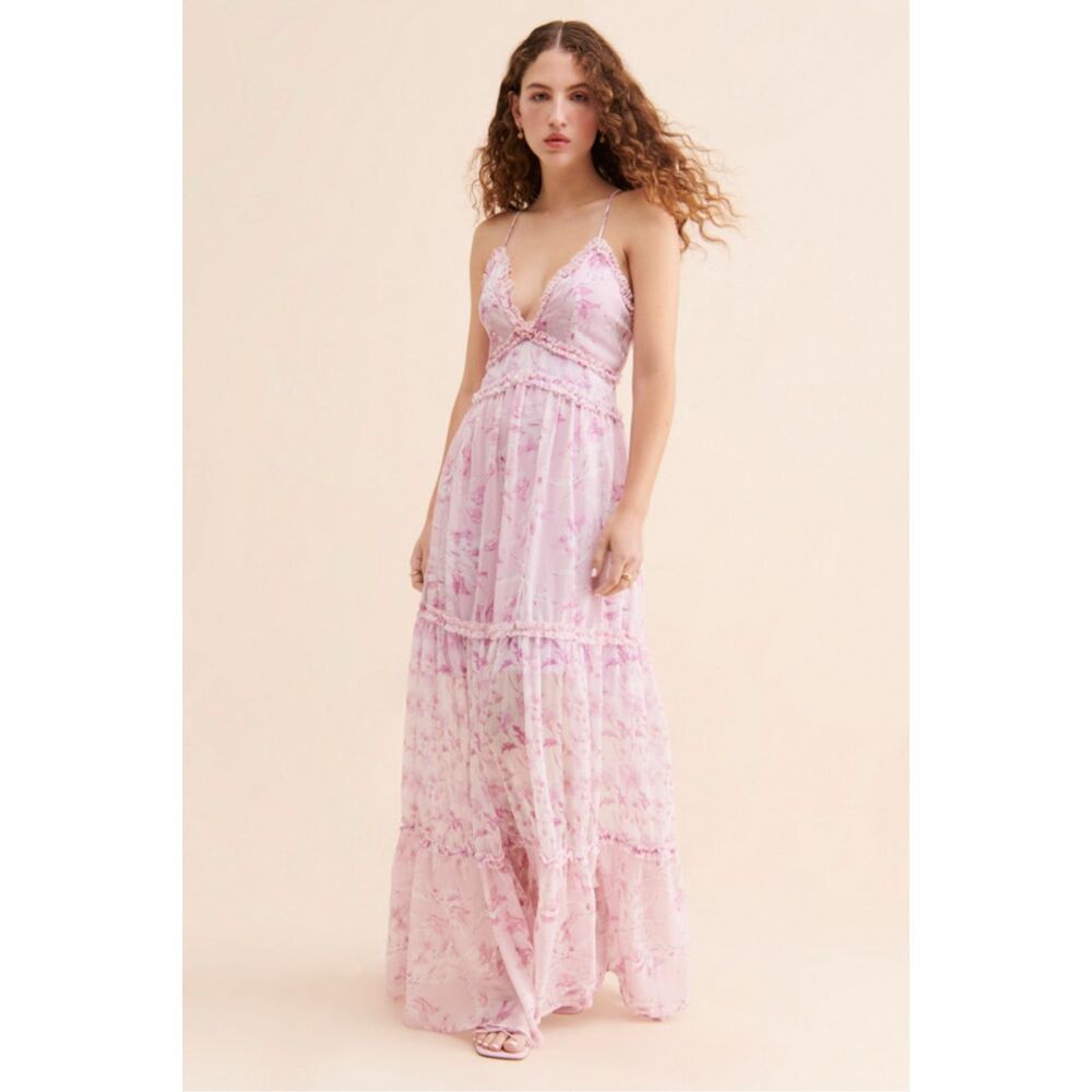 En Elly Ruffled Printed Maxi Dress in Pink Floral‎ Plunge Strappy Cottagecore L